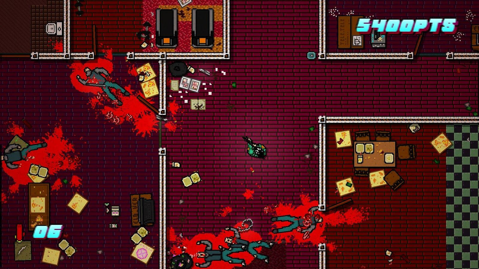 小心行事——《Hotline Miami 2：Wrong Number》中一著不慎即成災難 壁紙 — 俯瞰像素藝術遊戲場景，顯示紅磚房間內有血腥噴濺和倒下的敵人的暴力戰鬥。