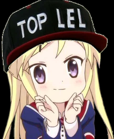 戴「TOP LEL」帽子的動漫角色 壁紙 — 一位開朗的動漫女孩，金髮紫眼，戴著印有 TOP LEL 的黑色鴨舌帽，身穿藍色校服。