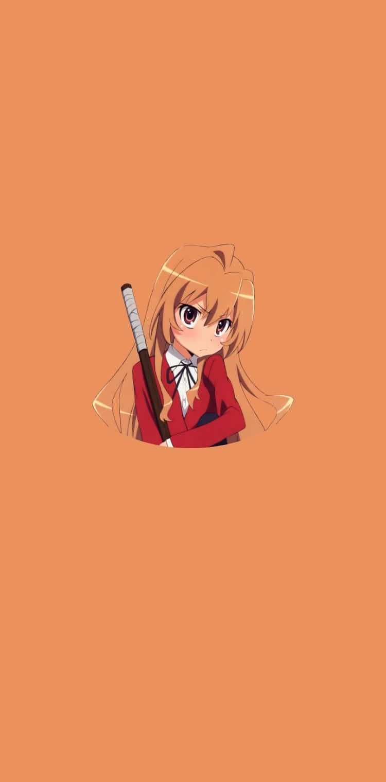 動漫女孩穿紅色校服在橙色背景前拿劍