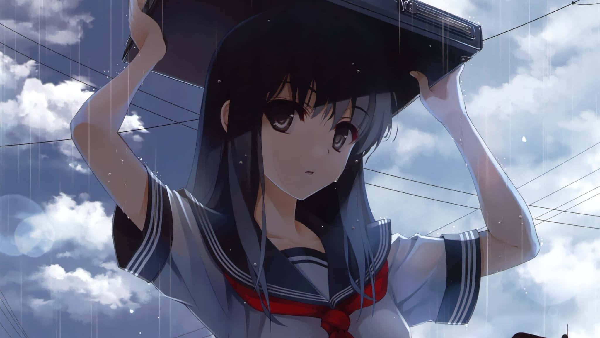 動漫女孩穿著水手服在陰天雨中拿著手提音響。