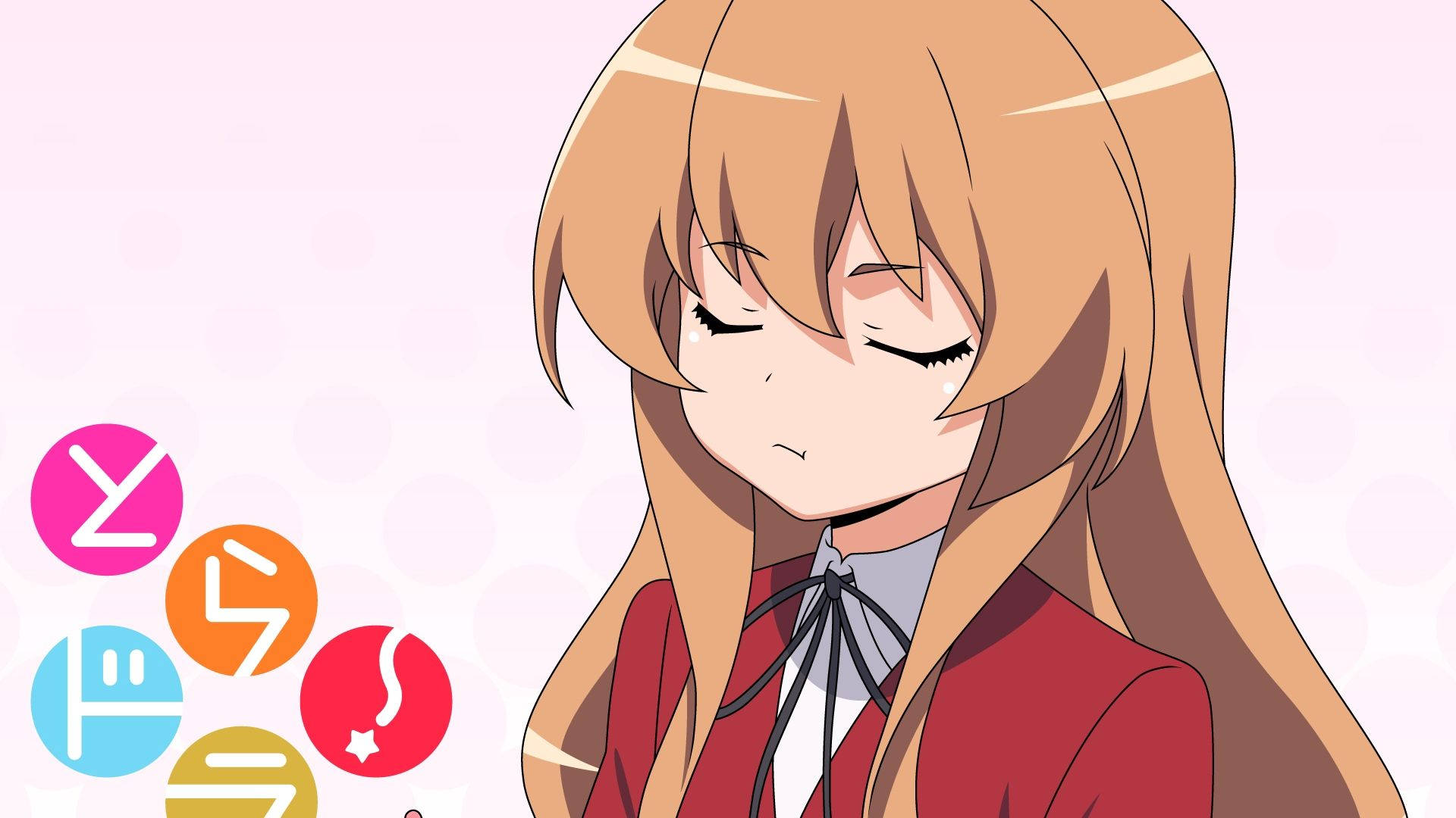 金髮紅外套的動畫女孩閉眼低頭。