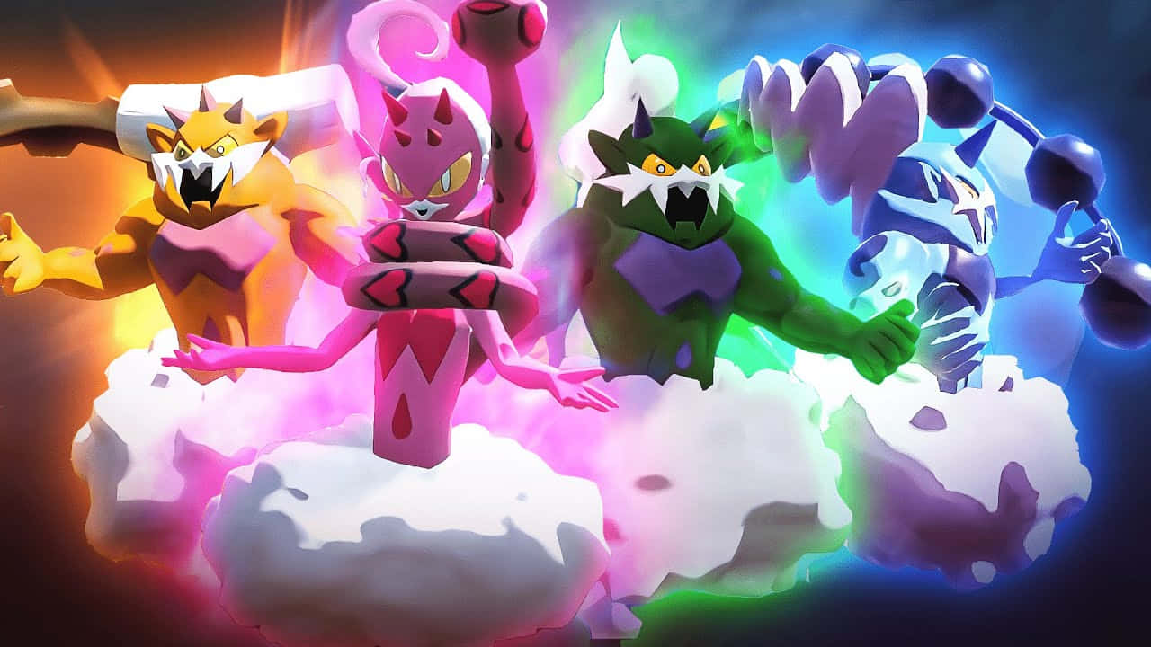 Tornadus、Thundurus、Landorus 與 Enamorus 壁紙 — 四隻發光的寶可夢站在漂浮的雲朵上，在動態的數位戰鬥場景中散發出充滿活力的能量。
