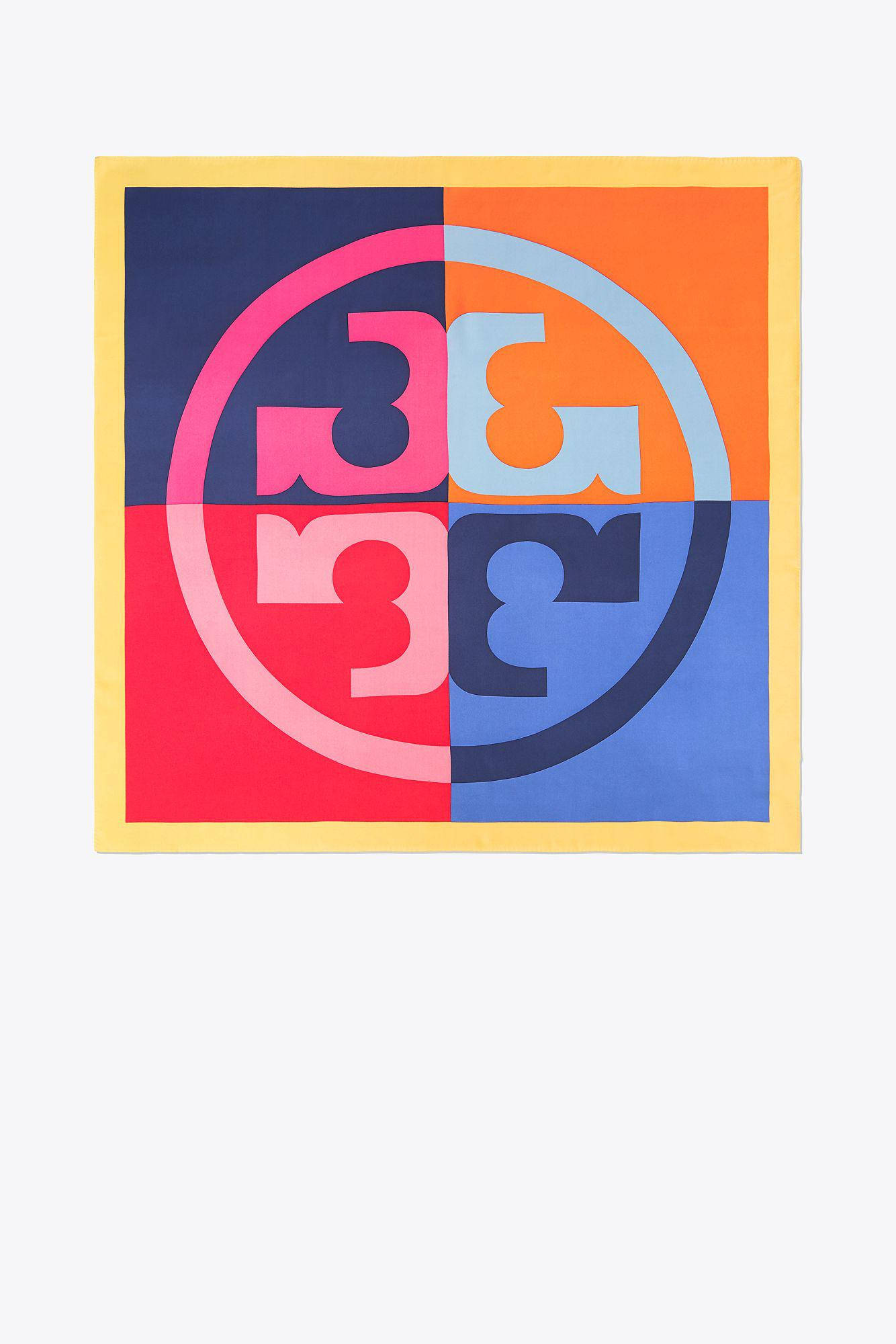 Tory Burch 色塊標誌 壁紙 — 一條方形圍巾，帶有醒目幾何標誌，分為四個彩色象限，並以黃色邊框框起。