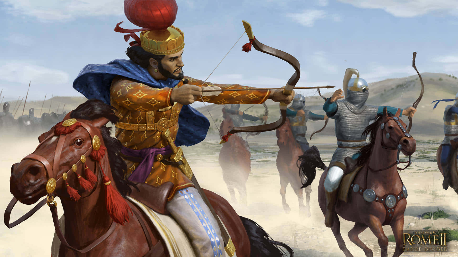 《Total War：羅馬2》壯觀戰場畫面 壁紙 — 一名身穿華麗金色盔甲和紅色頭巾的戰士騎著一匹棕馬，在塵土飛揚的戰場上拉弓，附近有身穿盔甲的騎士正在衝鋒。