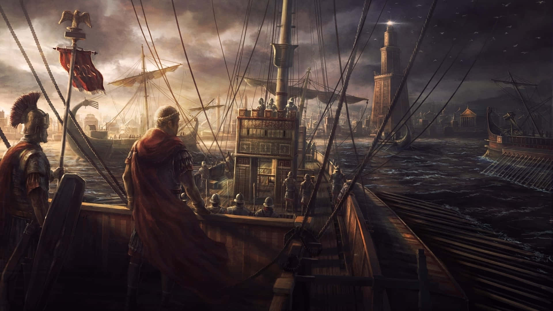 《Total War：羅馬2》最佳陣營戰場背景：海上戰船 壁紙 — 羅馬士兵站在船甲板上，凝視著一個風暴中的港口，港口有古老的塔樓和帆船，天空烏雲密佈。