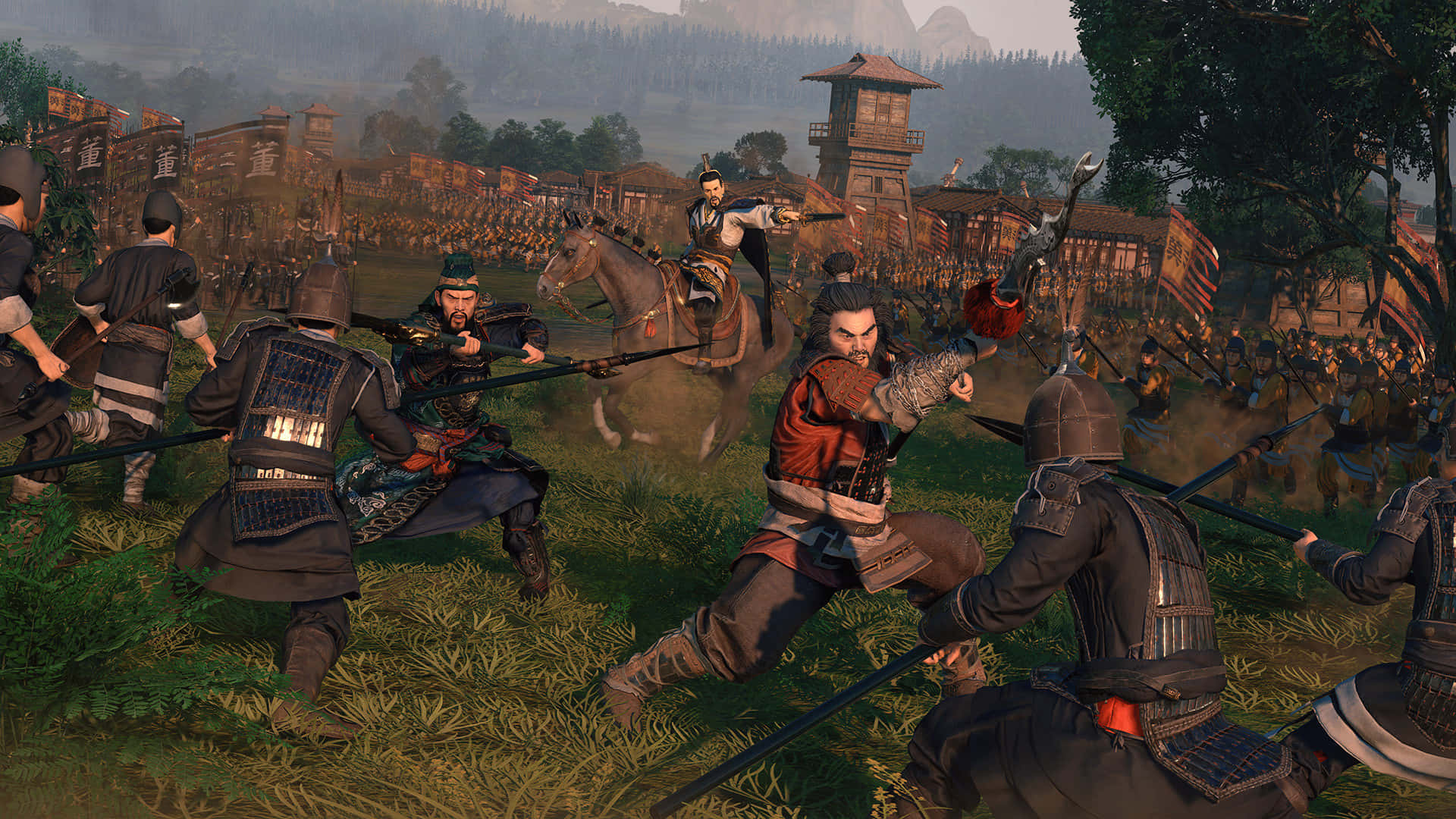 《Total War：羅馬2》最佳背景——草地版 壁紙 — 武士在朦朧的天空下，於混亂的中世紀戰場上與騎兵和步兵交戰。