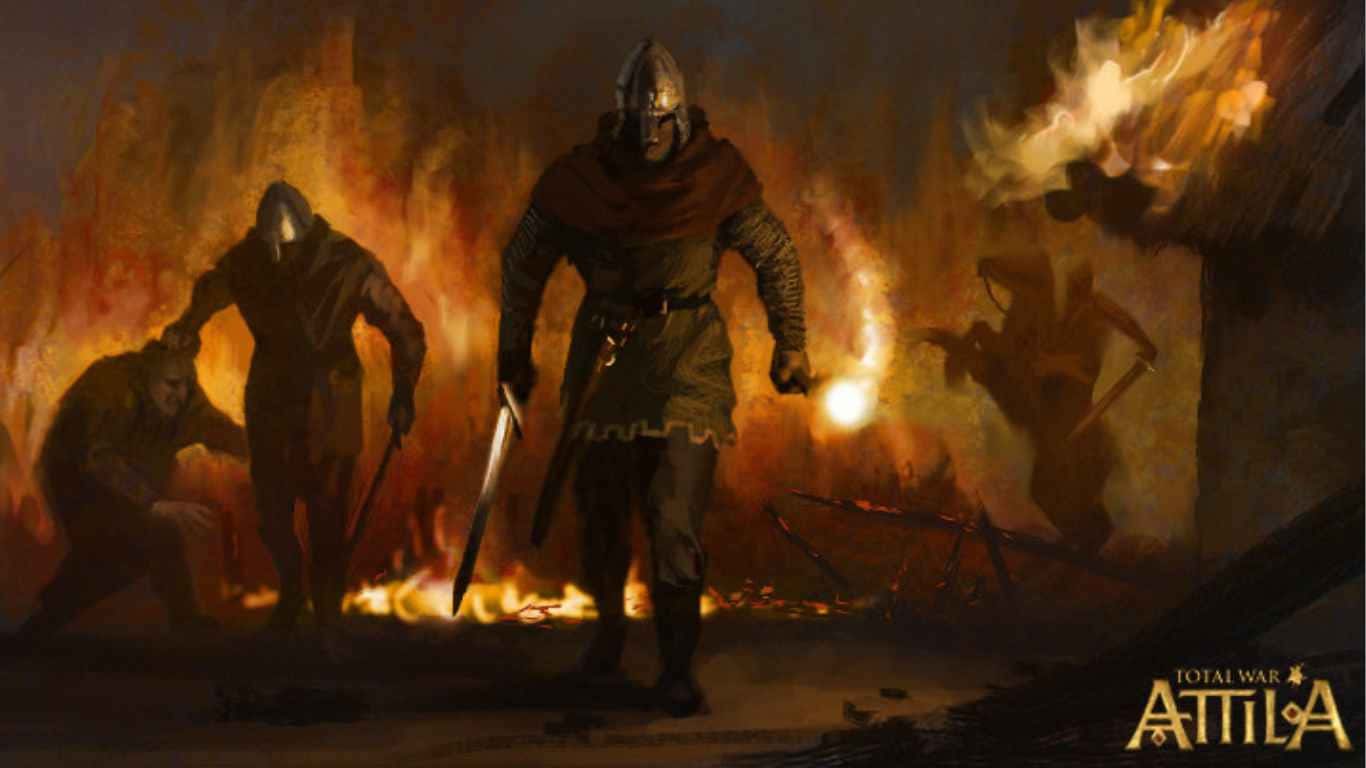《Total War: Attila》遊戲中的壯觀戰鬥場景 壁紙 — 一名身穿盔甲的戰士手持燃燒的火把向前邁進，火焰吞噬了他身後的戰場。