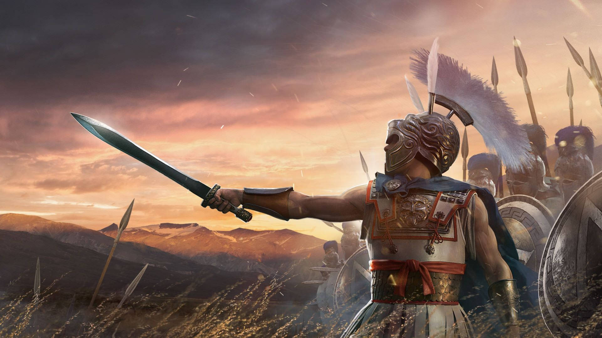 Total War Attila 羅馬皇帝 壁紙 — 一名身穿華麗盔甲的斯巴達戰士，在火焰般的日落天空下舉劍，背景有山脈和長矛。