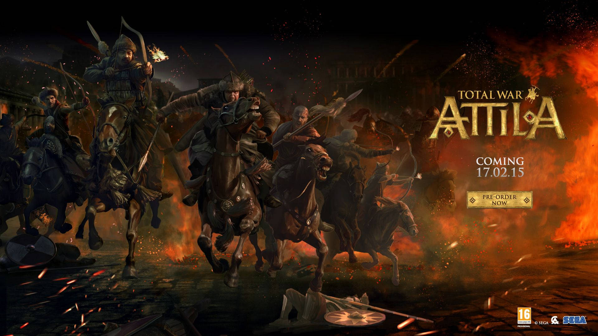 Total War: Attila 預告海報 壁紙 — 騎馬戰士衝過烈火戰場，火焰與火花在他們周圍爆炸。