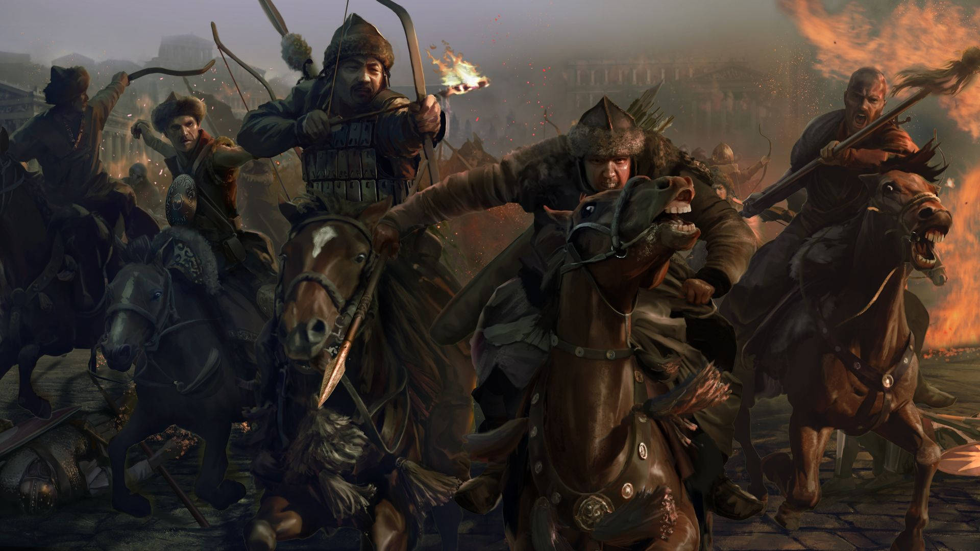 Total War Attila 蒙古戰士 壁紙 — 戴著毛帽的騎兵戰士在煙霧和火焰中，手持弓箭和長矛衝過燃燒的城市街道。