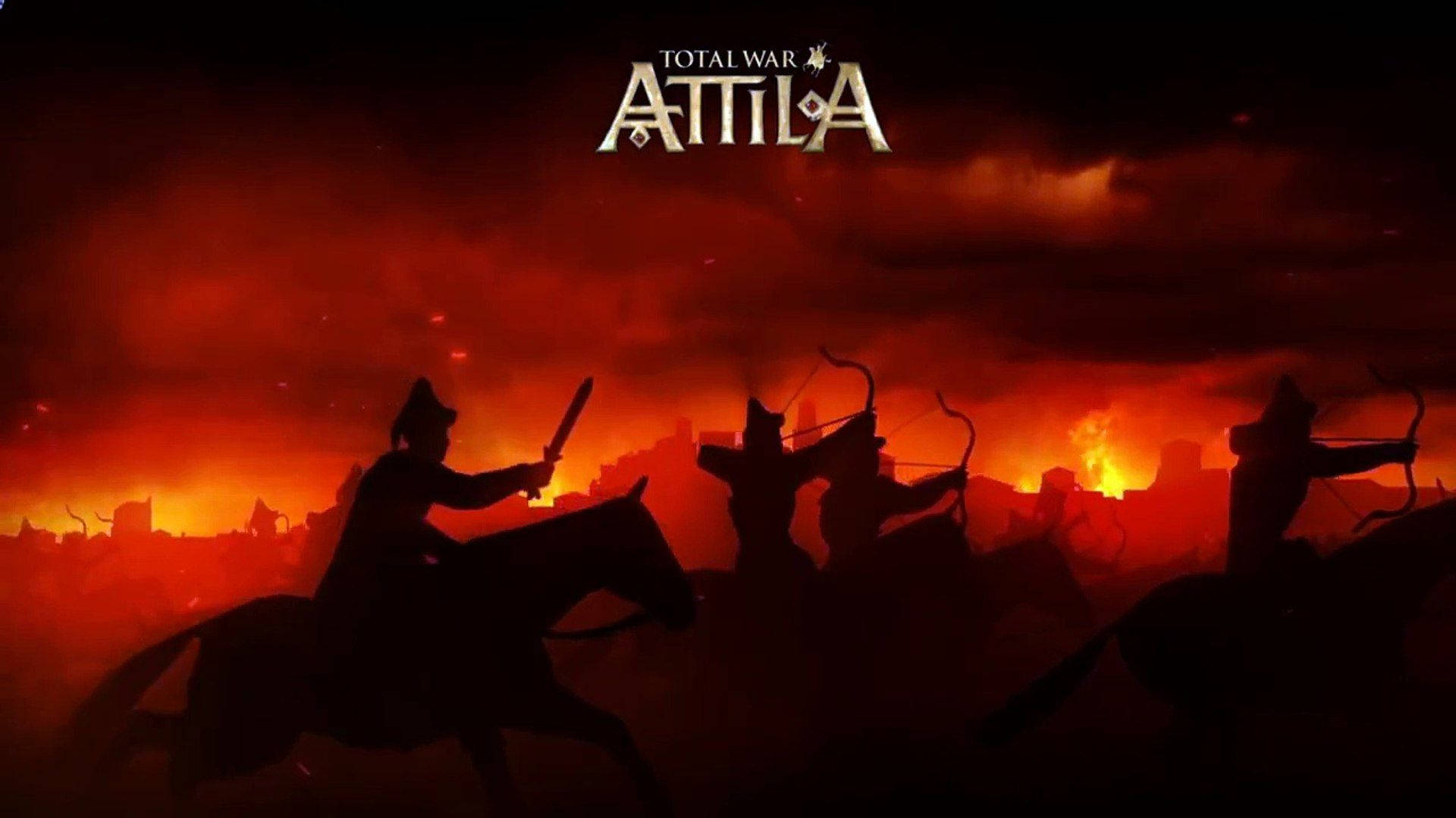 Total War Attila 燒焦戰場 壁紙 — 剪影騎兵手持劍與弓，在煙霧瀰漫的天空下，向熾熱的橙紅色戰場衝鋒。