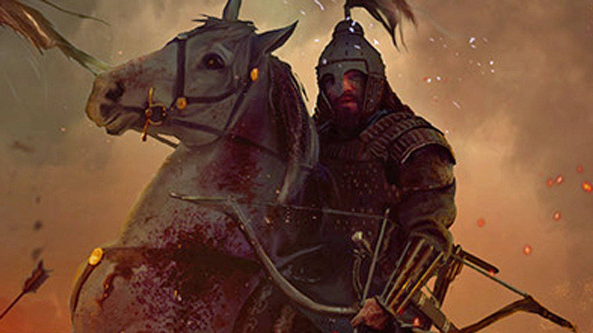 Total War Attila 战爭領袖阿提拉 壁紙 — 一名身穿暗色盔甲的戰士騎著一匹血染的戰馬，穿過箭矢飛舞的烈火戰場。