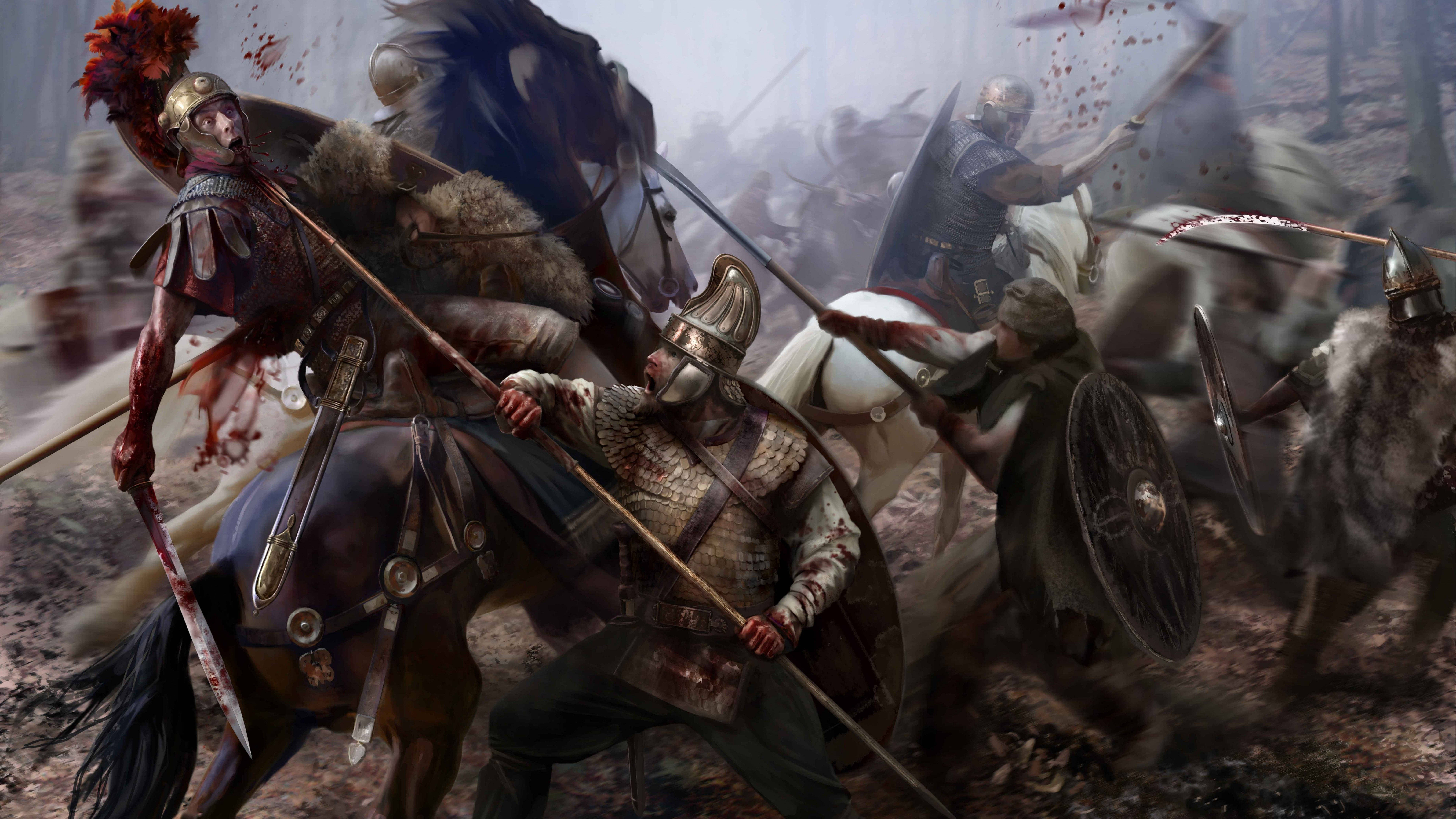 Total War: Attila 血染戰場 壁紙 — 一場混亂的中世紀騎兵戰爆發，身穿盔甲的騎士騎著馬，在飛濺的鮮血和煙霧中揮舞劍與盾牌交戰。