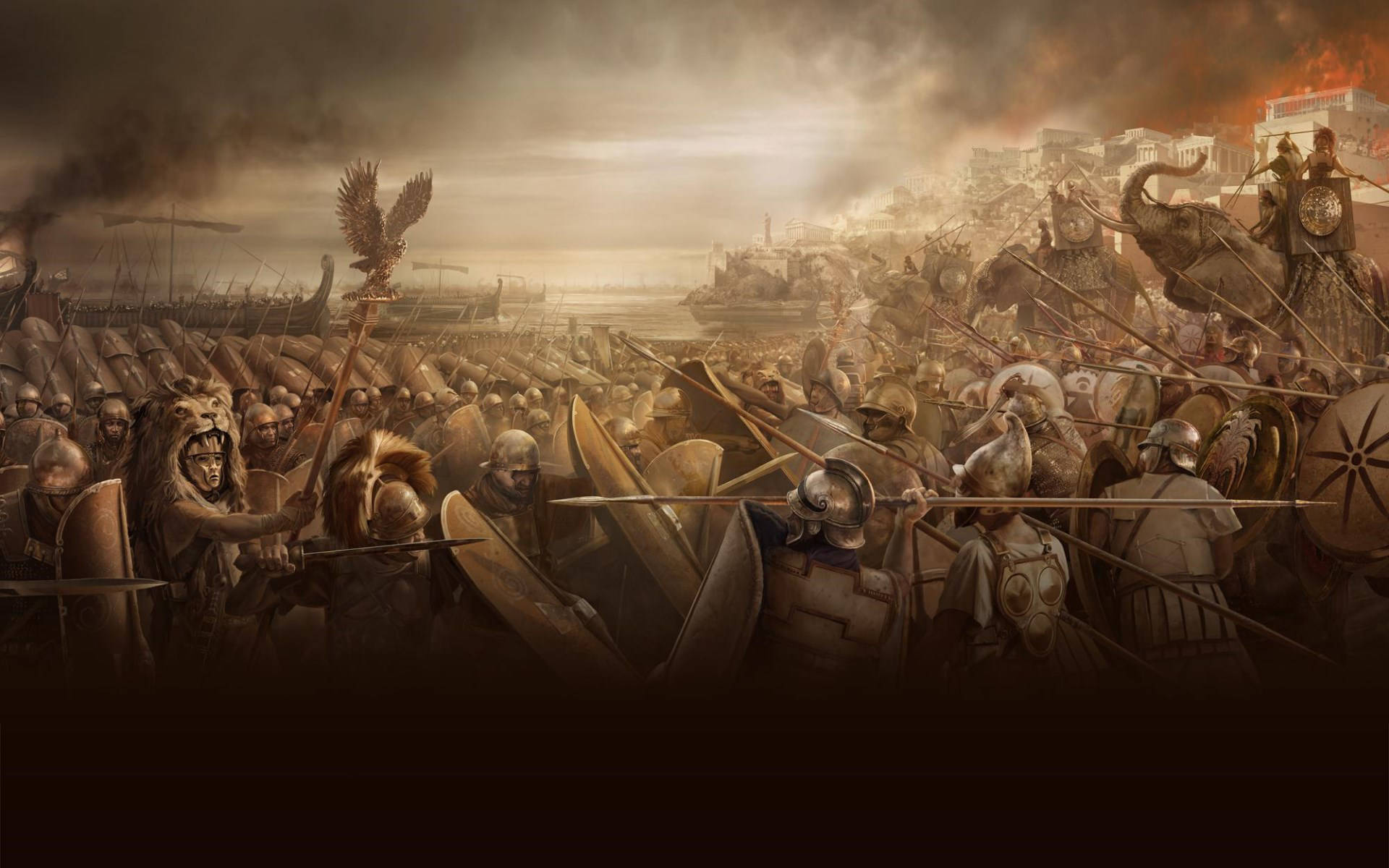 Total War Attila 大規模戰爭 壁紙 — 古代戰士在煙霧彌漫的天空下，與大象和船隻展開混亂的戰鬥。
