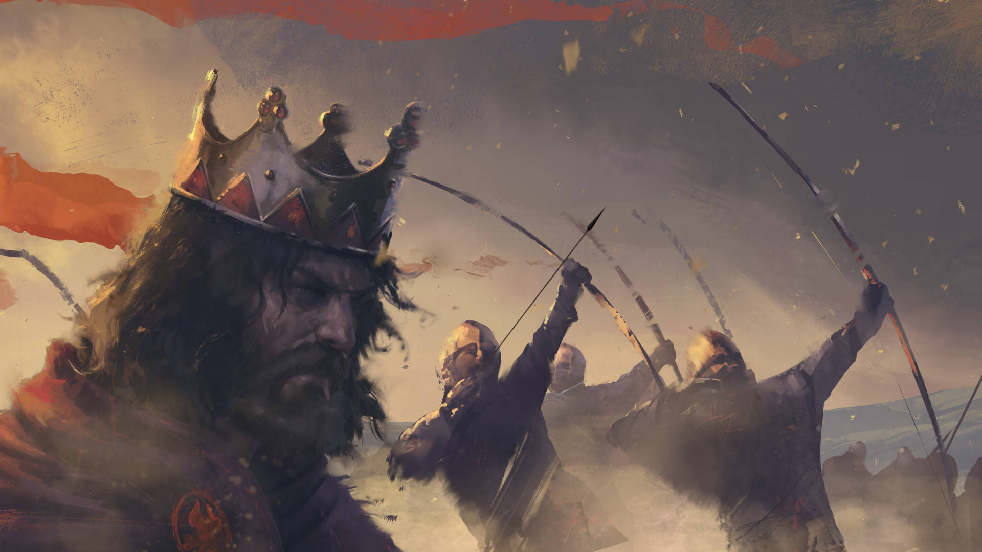Total War Attila 威嚴領袖 壁紙 — 一位戴著王冠、表情兇猛的國王，在熾熱的橙色天空下，帶領弓箭手進行一場混亂的戰鬥。