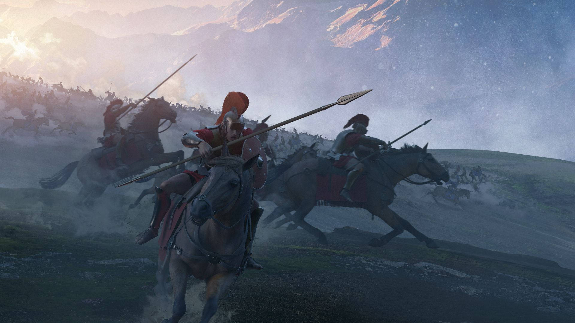 Total War Attila 騎馬角鬥士 壁紙 — 古代戰士騎馬在黎明時分高舉長矛衝過霧氣瀰漫的山脊。
