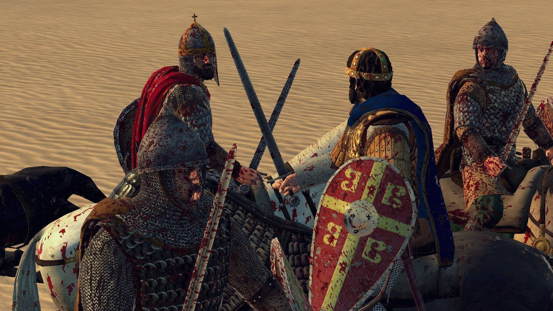 Total War Attila 騎士沙漠征戰 壁紙 — 三名身穿盔甲的騎士騎馬在沙漠戰場上交鋒，手持染血的劍和盾牌。