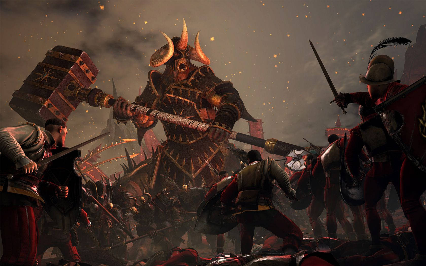Total War Attila 巨型魔物 壁紙 — 一個巨大的有角惡魔揮舞著巨大的錘子，身穿紅色盔甲的士兵在他周圍的烈火戰鬥中奮戰。