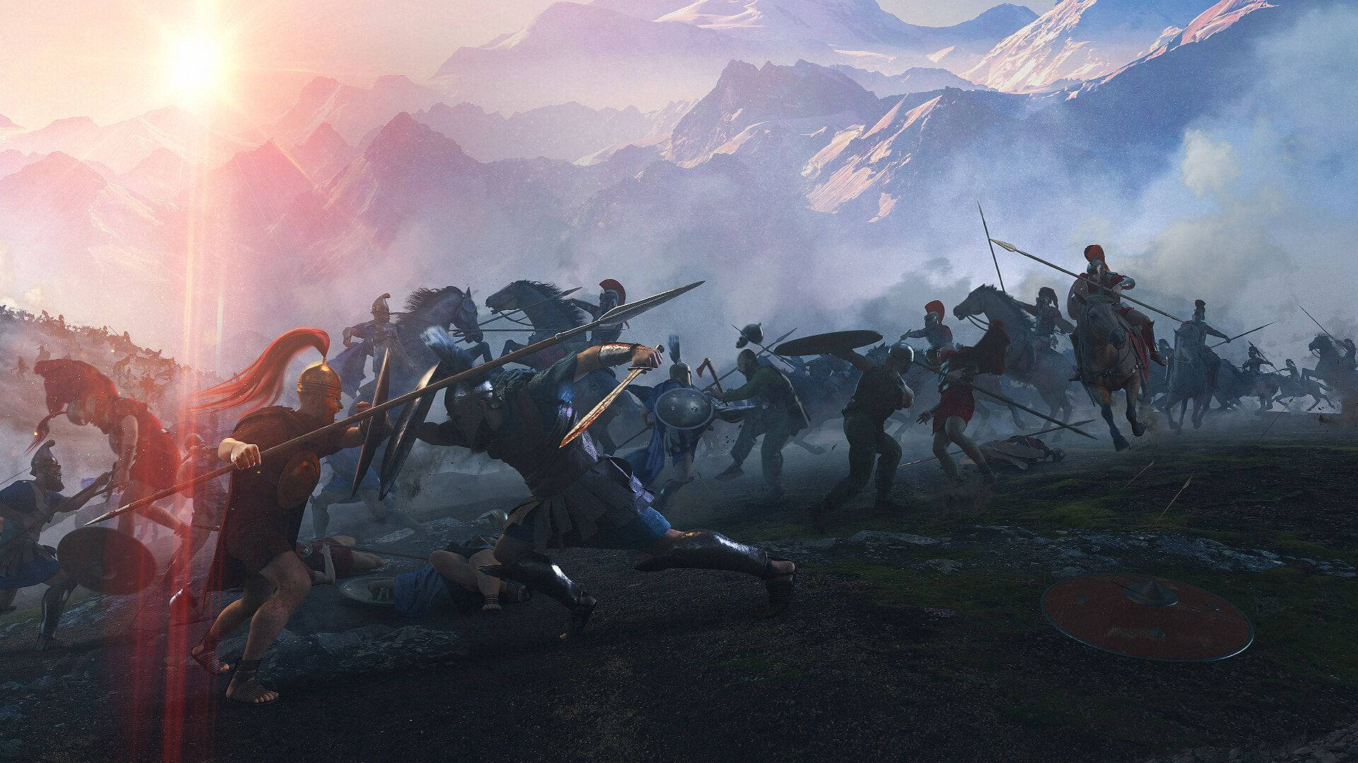 Total War Attila 山地戰役 壁紙 — 古代戰士在壯麗的山地戰場上，在燦爛的日出下交鋒，煙霧和塵埃在他們周圍旋轉。
