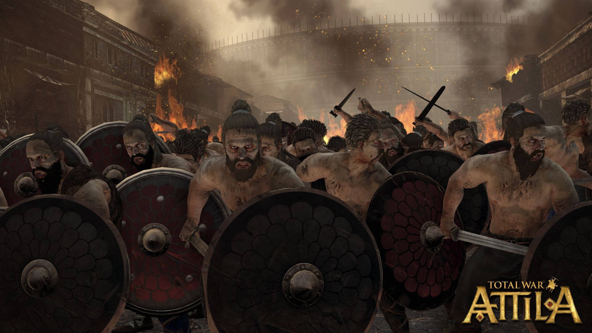Total War Attila 部落戰士持盾 壁紙 — 一個混亂的古代戰場場景，裝甲戰士在煙霧瀰漫的天空下衝過燃燒的城市街道。