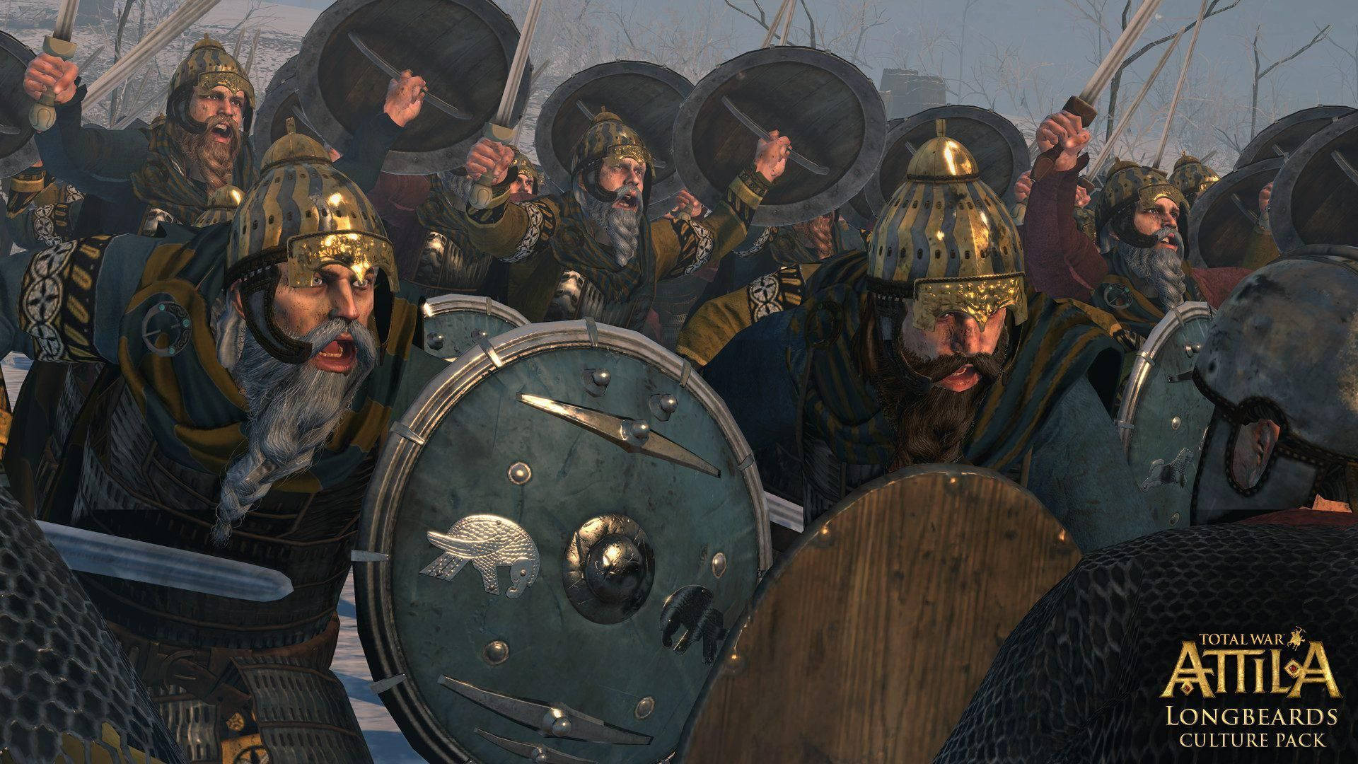 Total War Attila 士兵戰前準備 壁紙 — 一群兇猛的維京戰士在冬日雪地中持盾、劍與戰吼向前衝鋒。