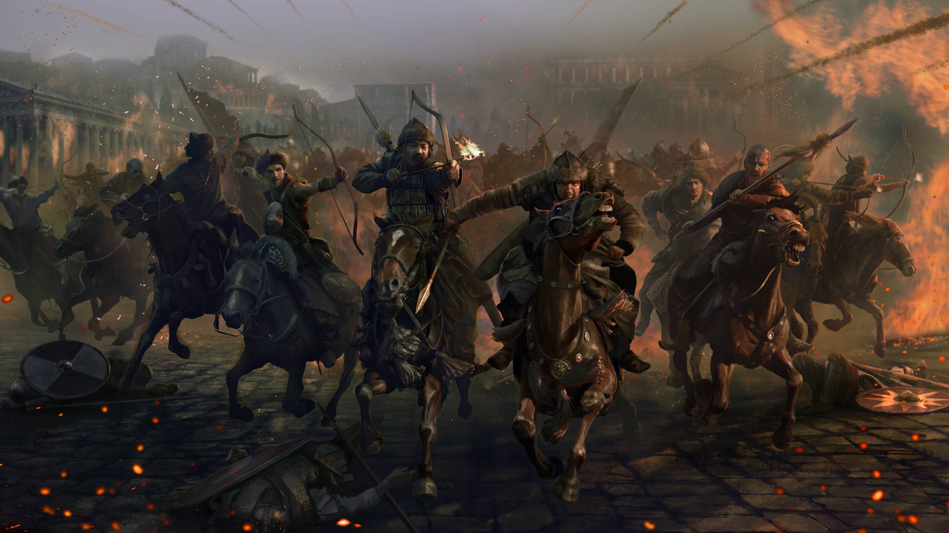 Total War Attila 騎馬衝鋒 壁紙 — 騎馬戰士在煙霧、火焰和倒下的士兵中衝過燃燒的城市街道。