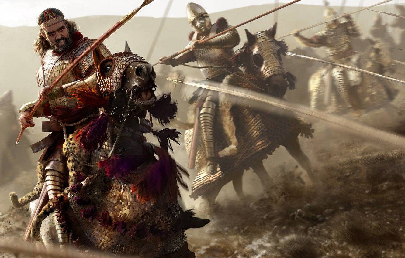 Total War Attila 重裝戰馬 壁紙 — 身穿華麗盔甲的戰士騎著裝甲馬匹，在塵土飛揚的戰場上拔劍交鋒，煙霧翻騰。