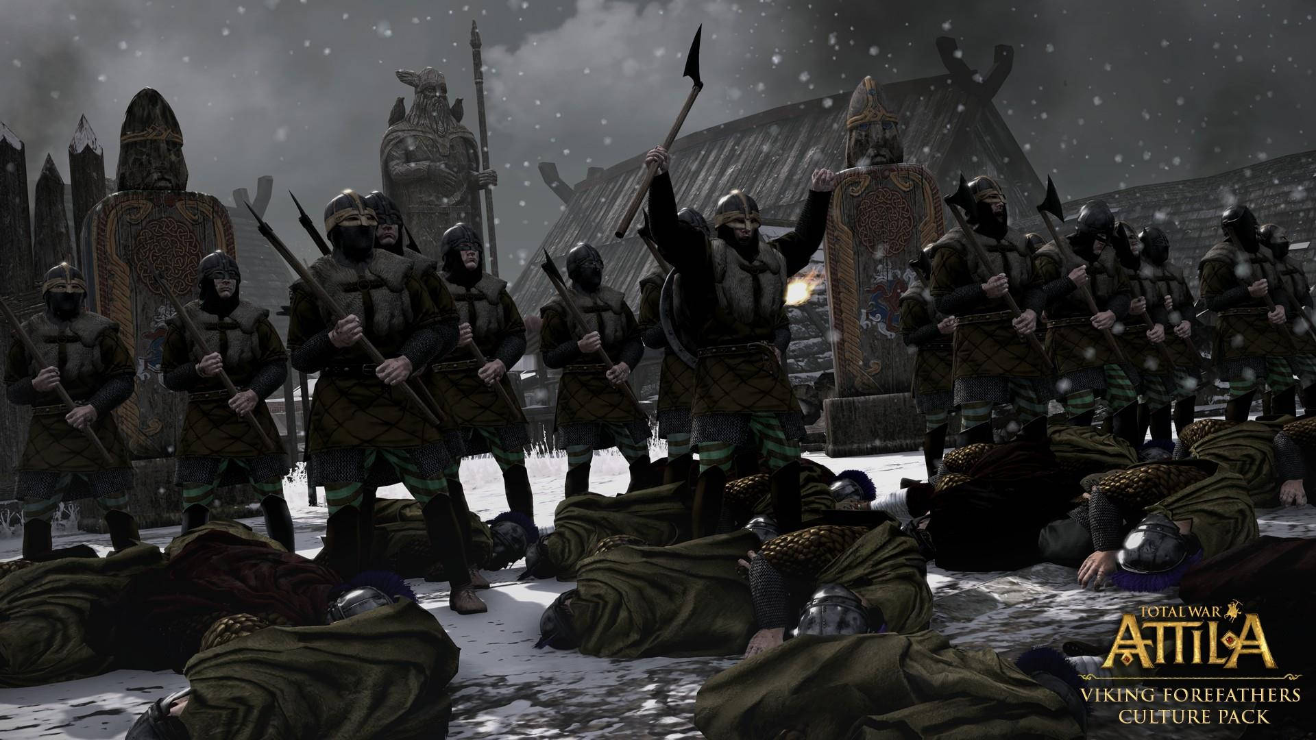 Total War Attila 士兵慶祝勝利 壁紙 — 身穿暗色盔甲的維京戰士在風暴天空下的雪地戰場上，勝利地站在倒下的敵人之上。