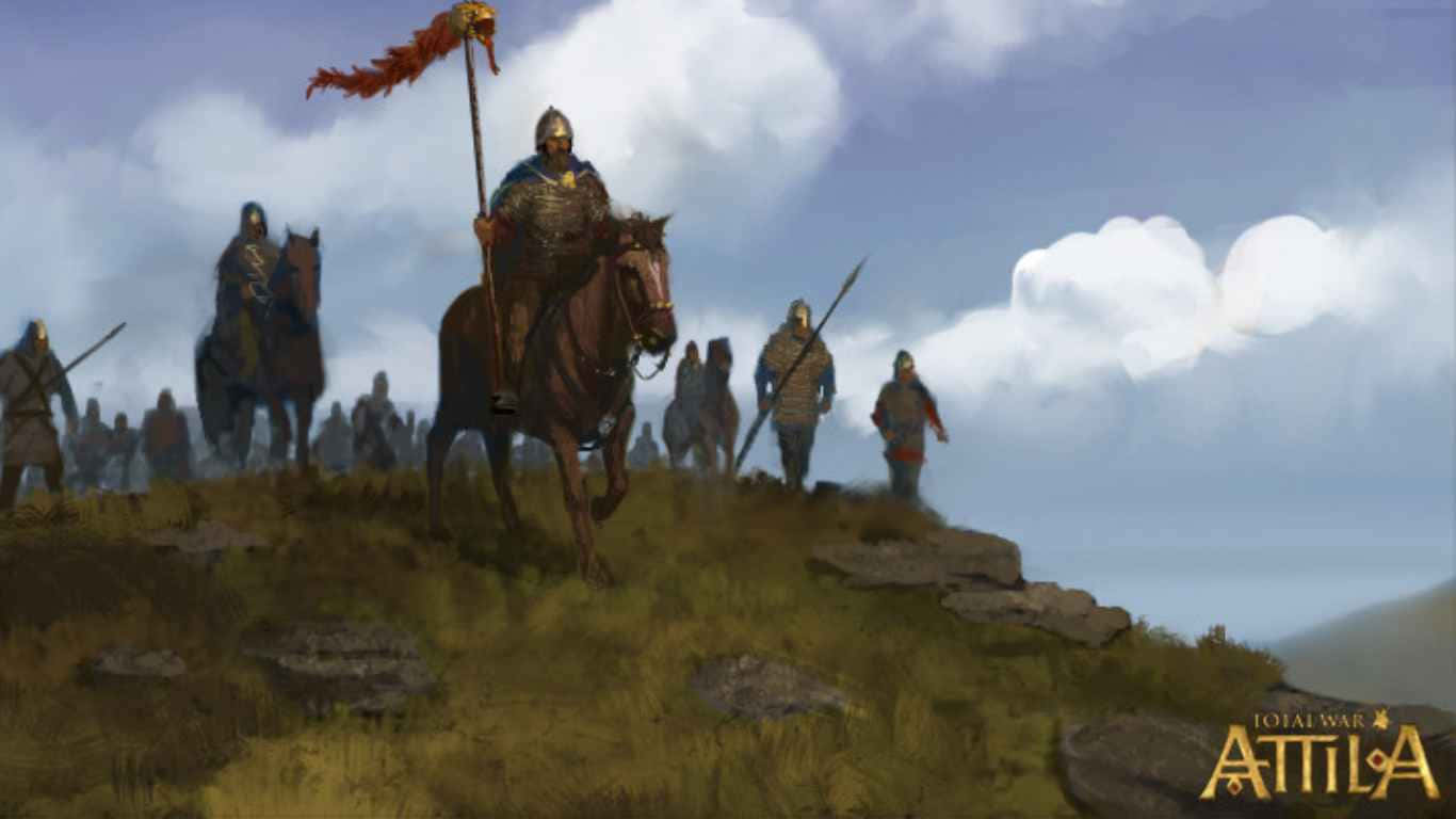 Total War: Attila 遊戲震撼戰場畫面，適用於桌面背景 壁紙 — 一位騎馬戰士手持紅色旗幟，帶領騎兵衝鋒越過草地山丘，天空多雲。