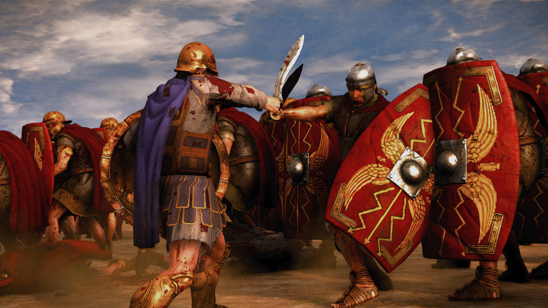 Total War Rome 2 剑戰場景 壁紙 — 羅馬軍團士兵在陰天之下，用血淋淋的劍和紅色盾牌進行殘酷的戰鬥。