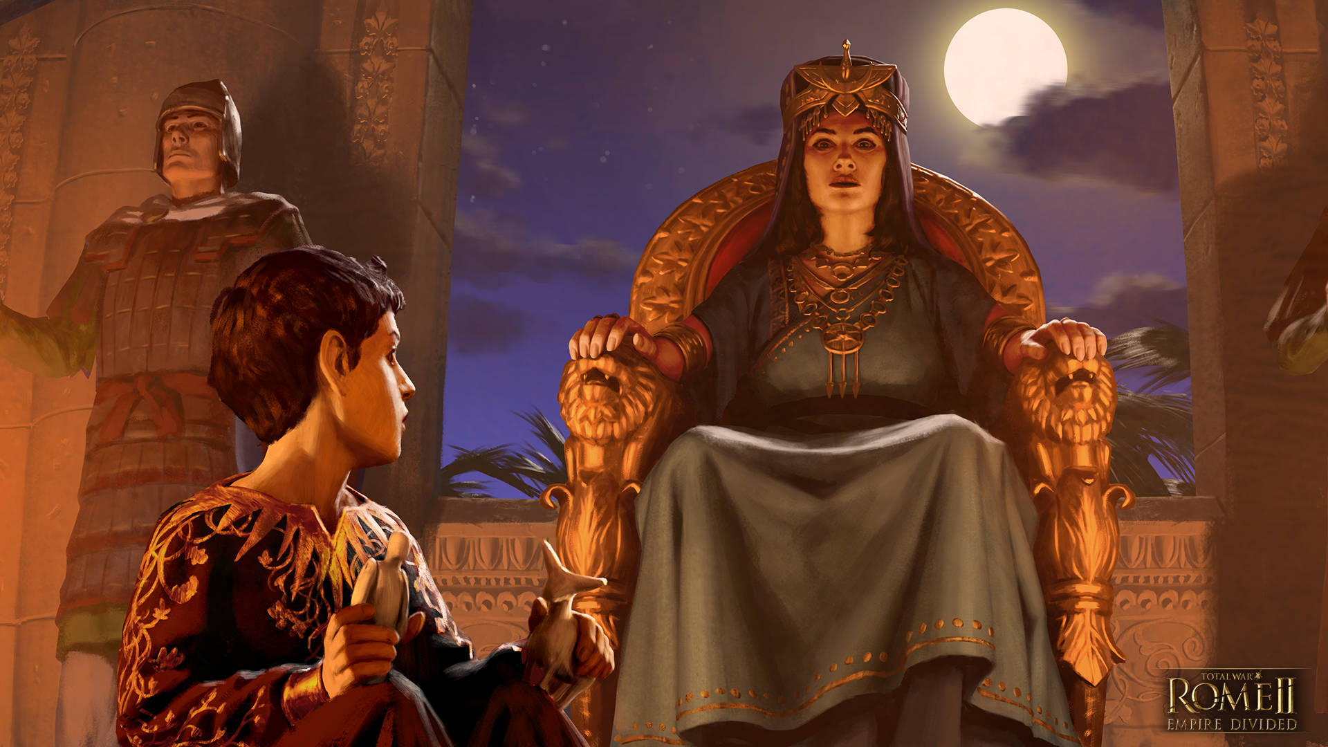 《Total War: Rome 2》羅馬女王 壁紙 — 一位威嚴的女王坐在金色王座上，滿月之下，一個年輕男孩在宏偉宮殿中跪在她面前。