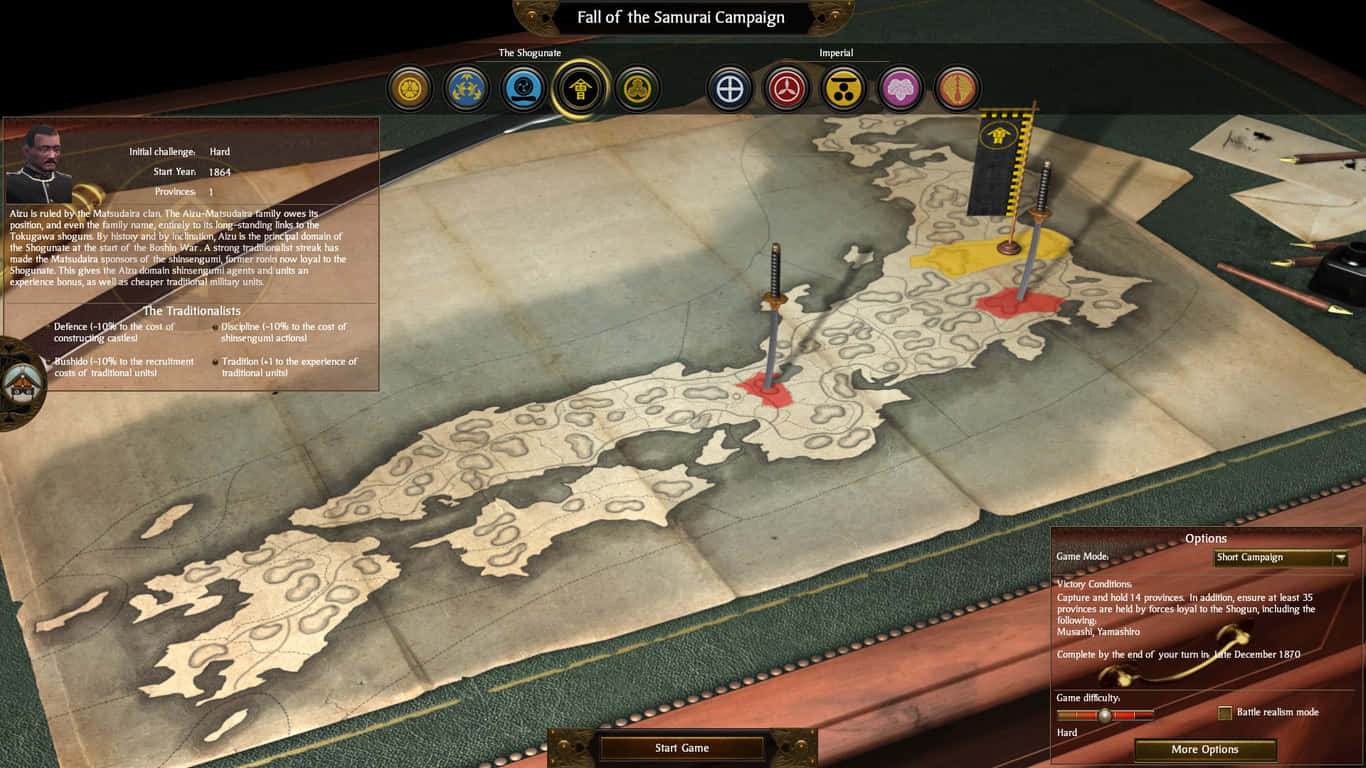 在《Total War Shogun 2》中體驗中世紀日本 壁紙 — 一個策略遊戲介面顯示了日本詳細地圖，配有武士旗幟和「Fall of the Samurai Campaign」的戰役選項。