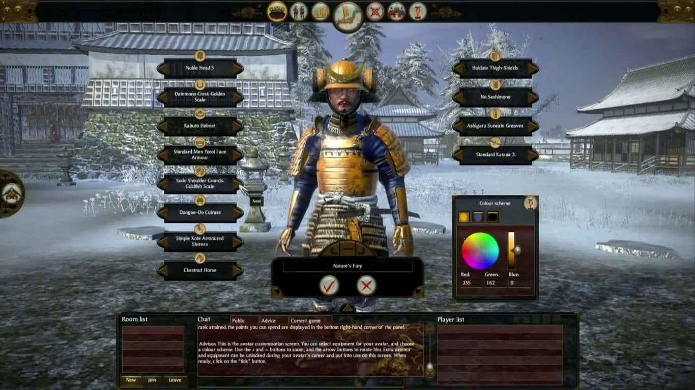 《Total War Shogun 2》中的武士歷史戰役 壁紙 — 一名身穿金色鎧甲的武士站在雪中的日本庭院，可見自訂用的UI選單。