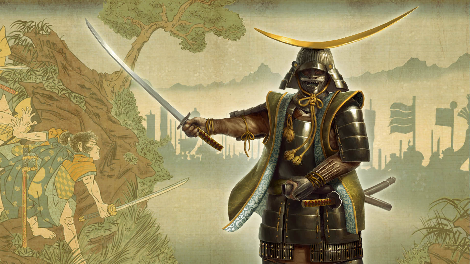 Total War：Shogun 2 — 江戶武士刀 壁紙 — 一位身穿華麗鎧甲的武士戰士，在霧氣繚繞的山脈和遠方旗幟的背景下，手持武士刀蓄勢待發。