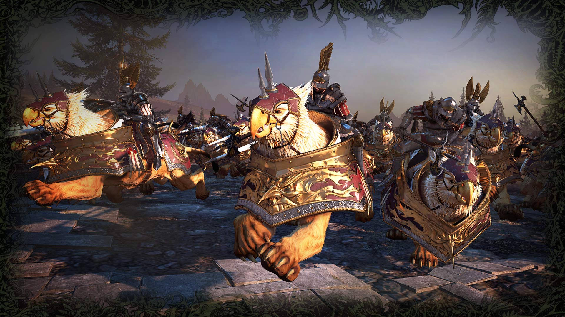 Total War Warhammer 2 鷹騎士 壁紙 — 身穿盔甲的戰士騎著巨大的貓科野獸，穿過黎明時分黑暗森林中一條霧氣瀰漫的石徑。