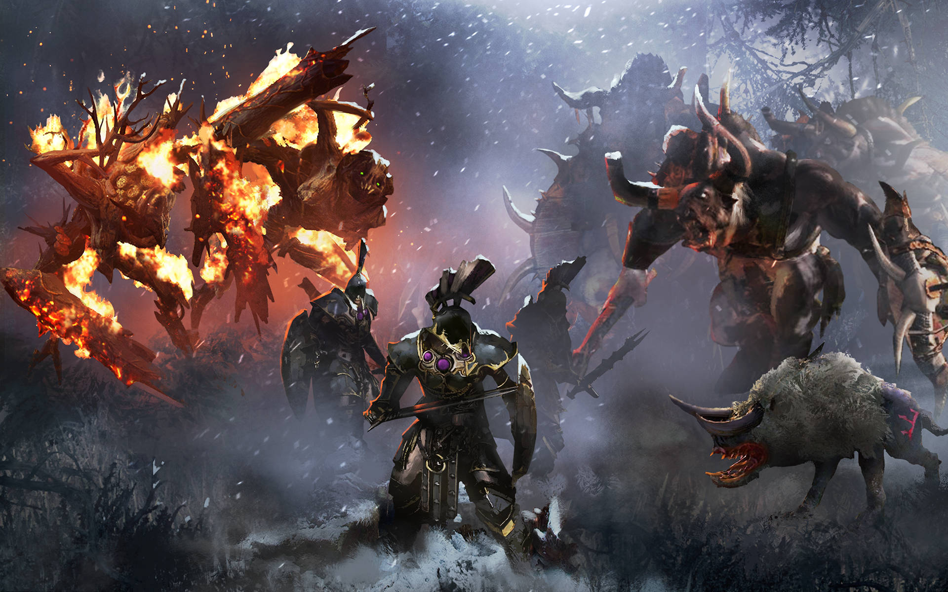 Total War Warhammer 2 北境精銳部隊 壁紙 — 一名身穿暗色鎧甲的戰士在白雪覆蓋的戰場上，面對著烈火混亂中的怪物敵人，不屈不撓地站立著。