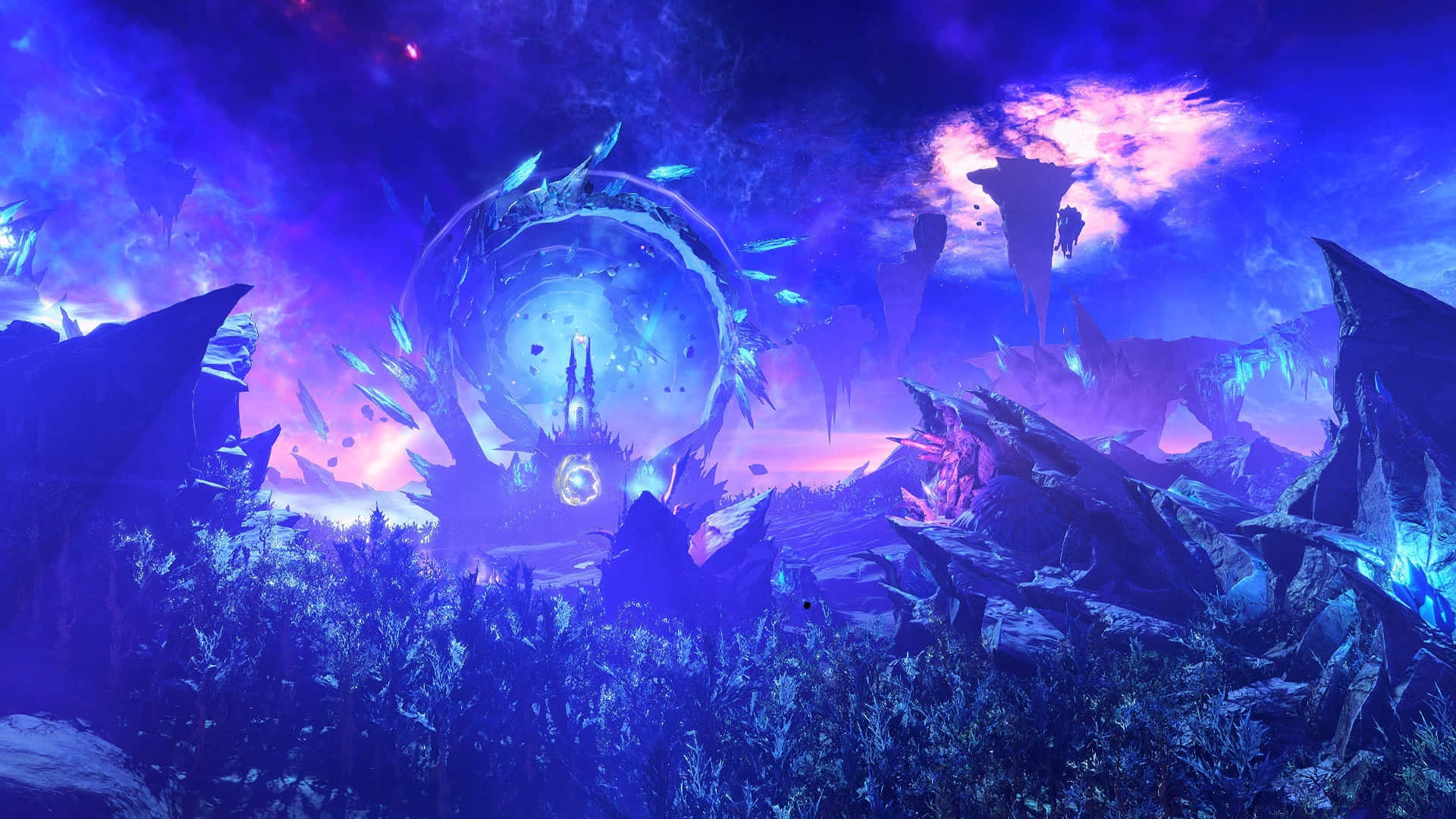 《Total War: Warhammer》遊戲中的壯烈戰鬥場景 壁紙 — 一個發光的藍色水晶球體懸浮在鋸齒狀的外星景觀之上，背景是紫色和粉紅色的星雲天空。
