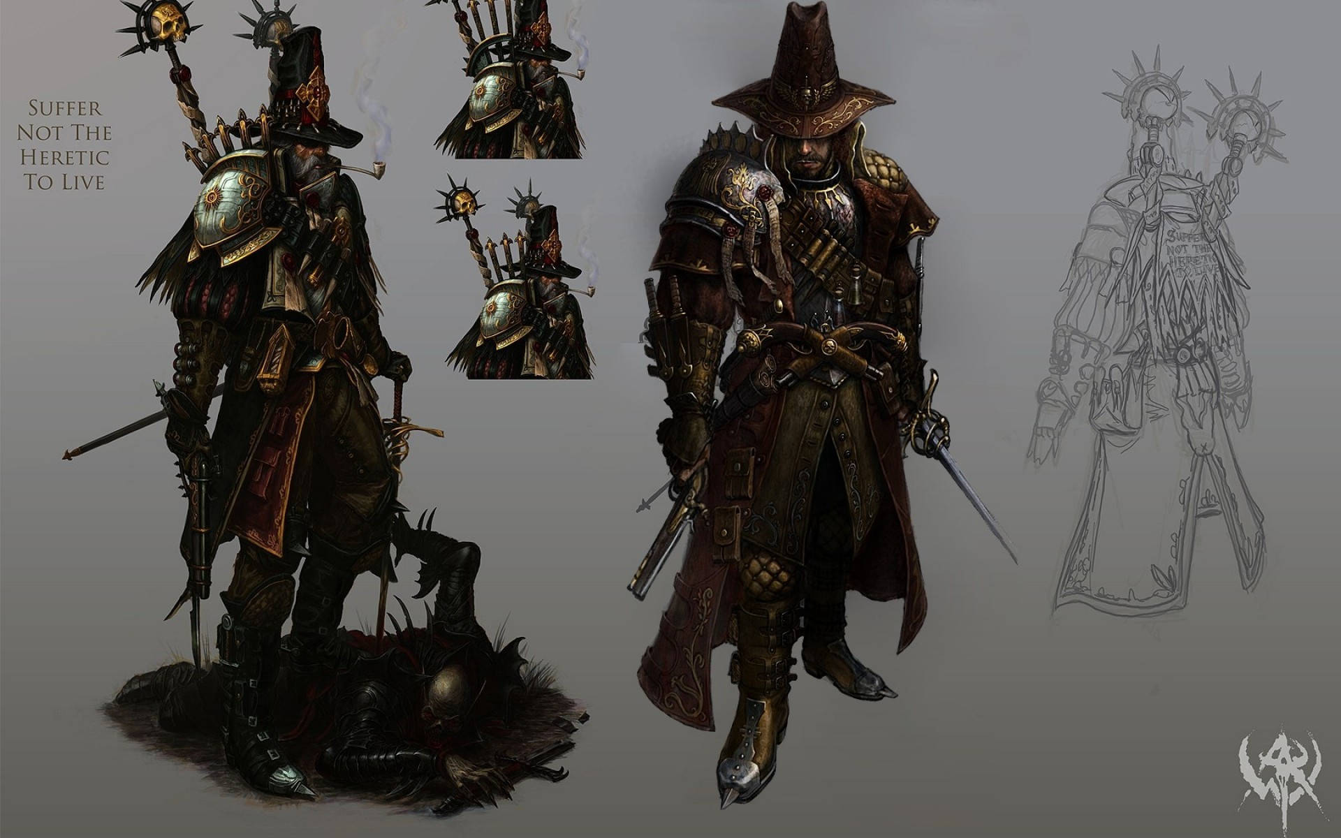 Total War Warhammer 2 魔法師角色 壁紙 — 一位黑暗奇幻戰士身穿華麗尖刺盔甲，揮舞著尖刺法杖和劍，站在倒下的敵人之上，附近有草圖和概念藝術。