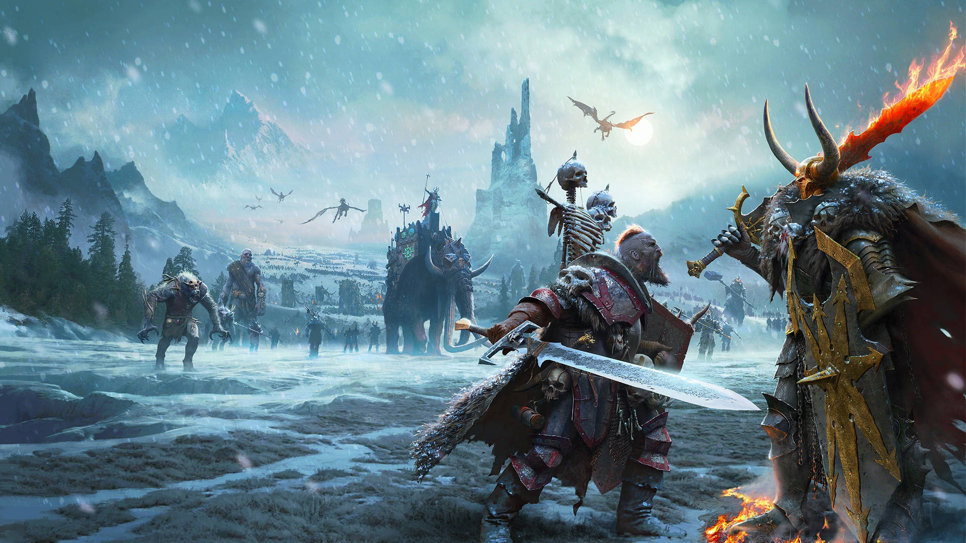 Total War Warhammer 2 冬季戰爭 壁紙 — 一支奇幻軍隊在風暴天空下行進穿過積雪的山口，巨龍在頭頂飛翔。