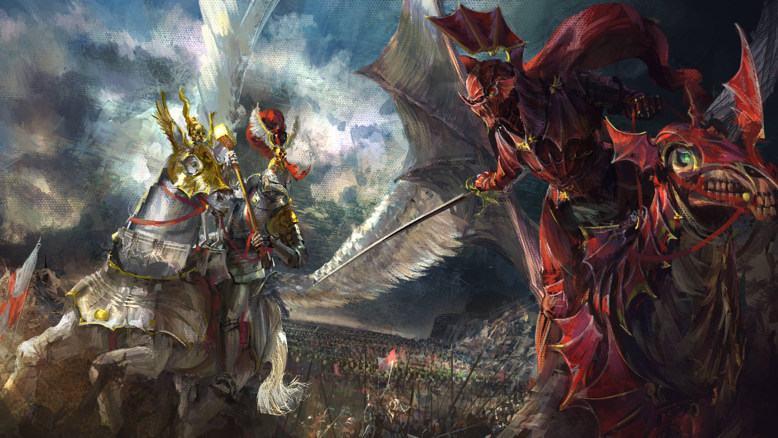 Total War Warhammer 2 白紅戰馬 壁紙 — 一位身穿金色盔甲的騎士騎著白馬，在風暴天空下的混亂戰場上，面對一位騎著黑馬的紅色惡魔騎士。