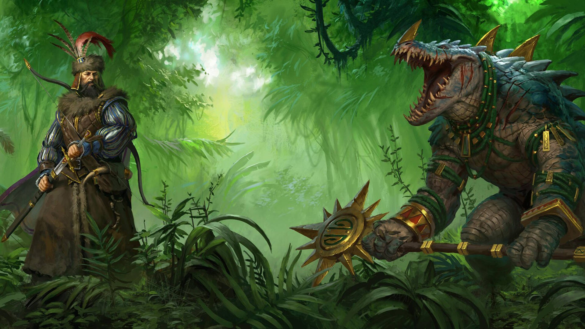 Total War Warhammer 2 中的獵人與野獸 壁紙 — 一位留鬍鬚的戰士身穿毛皮襯裡的盔甲，在茂密的叢林中挑釁地站立，面對一隻咆哮的裝甲鱷魚般的野獸，揮舞著帶刺的狼牙棒。