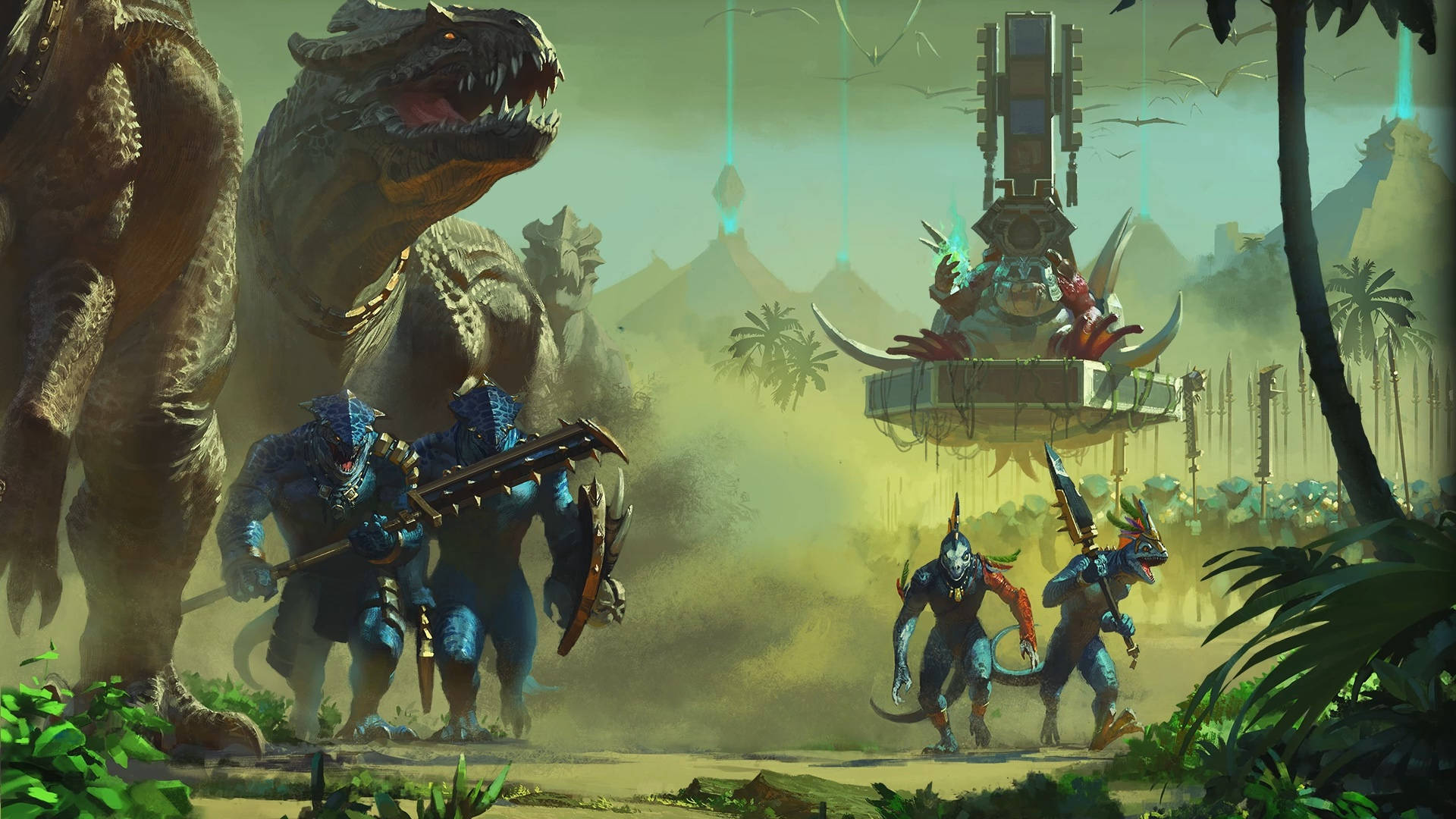 Total War Warhammer 2 沙漠森林 壁紙 — 具有爬蟲類特徵的奇幻戰士穿過叢林，朝一座由巨型恐龍守護的漂浮神殿前進。