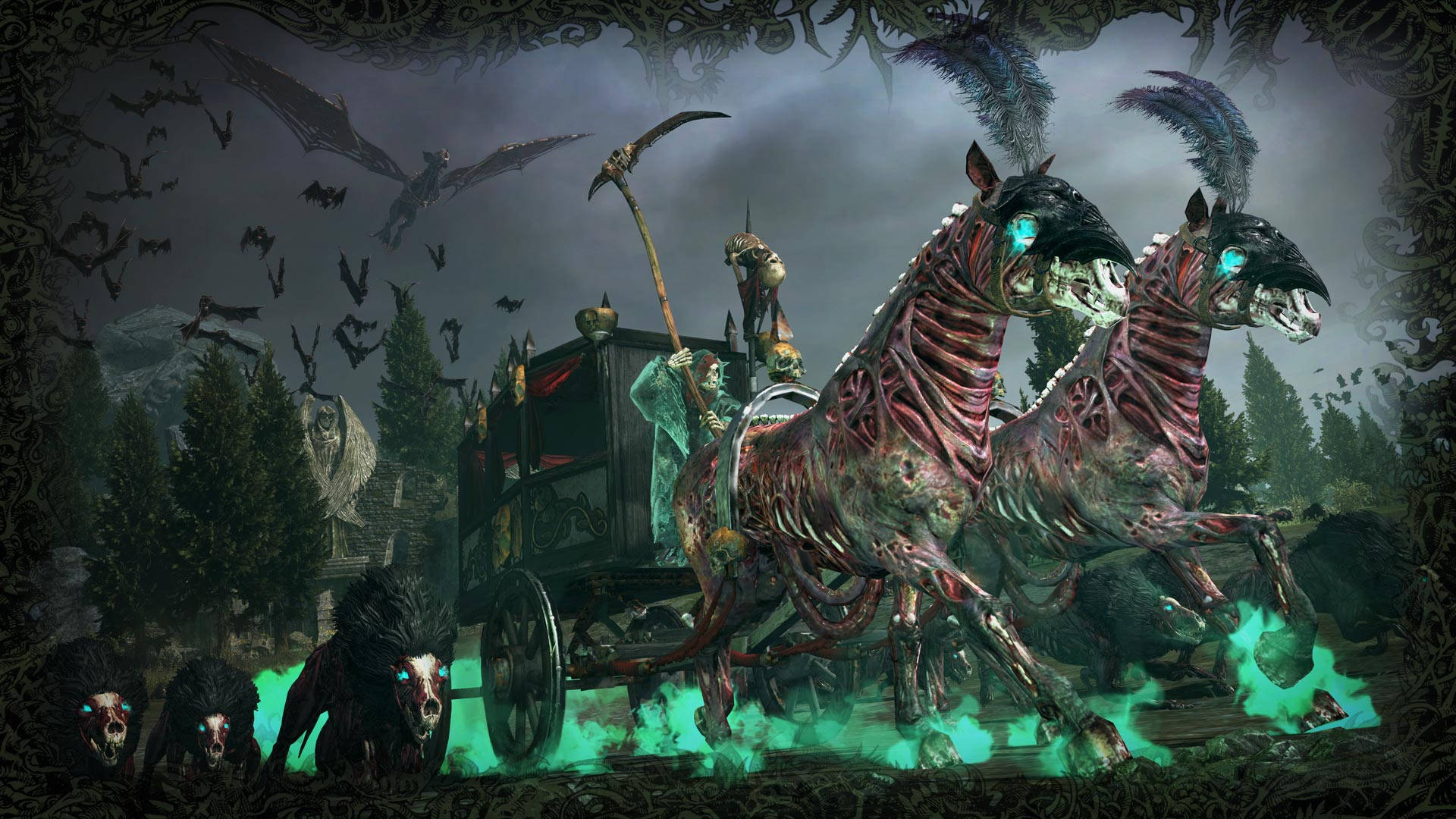 Total War Warhammer 2 幽靈馬 壁紙 — 一個身穿綠色長袍的死神駕駛著一輛由骨骼馬匹拉動的黑色馬車，馬匹的眼睛發出藍光，穿過夜晚的鬧鬼森林。