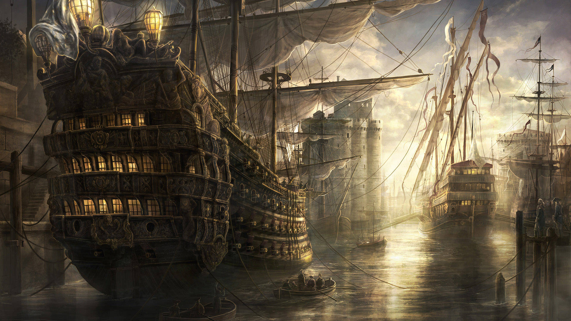 Total War 帝國遠征 壁紙 — 一艘大型帆船帶著發光的窗戶停泊在霧氣瀰漫的港口，金色光線穿過暴風雲層。