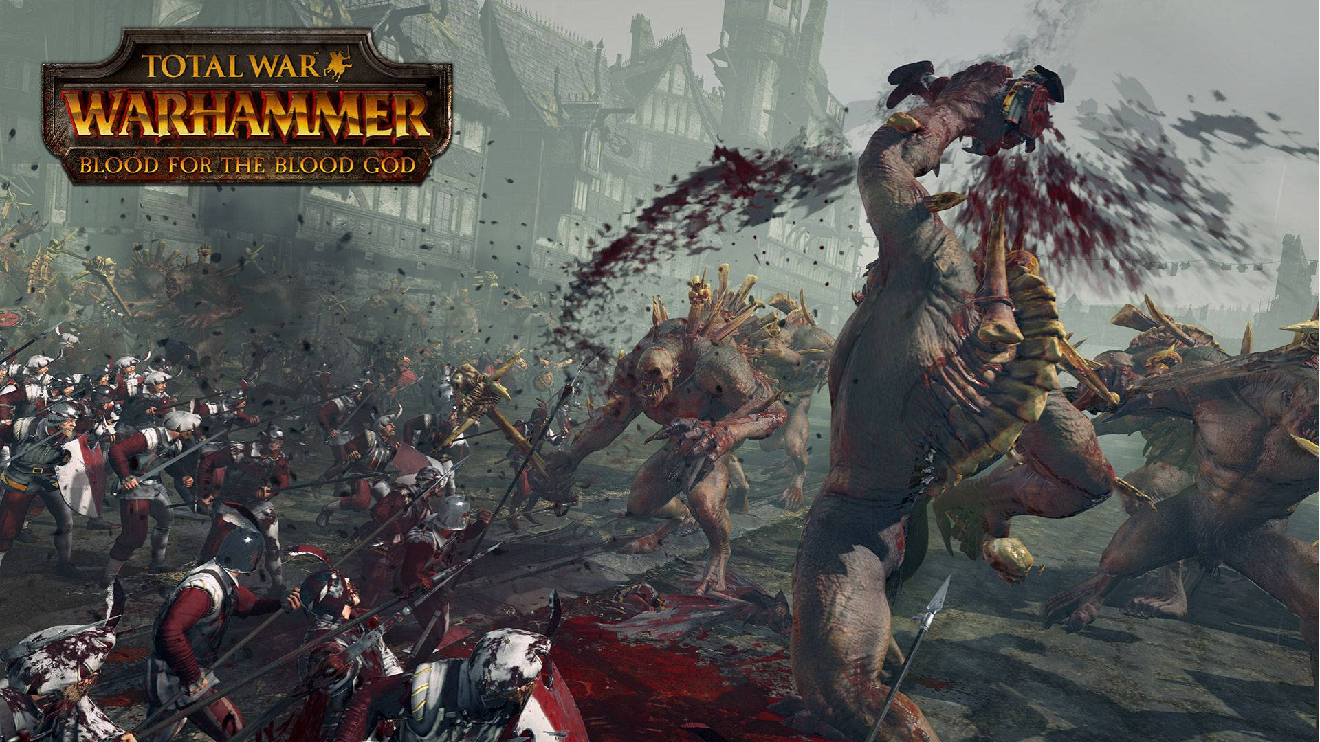 Total War 殘酷戰鬥 壁紙 — 血腥的奇幻戰士在混亂的中世紀戰場上衝突，鮮血四濺，怪物襲擊。