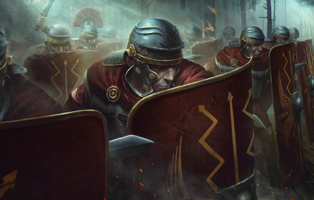 Total War 羅馬 legionary 壁紙 — 羅馬軍團士兵身穿青銅頭盔和紅色長袍，在戰鬥的煙霧和火花中形成緊密的盾牆。