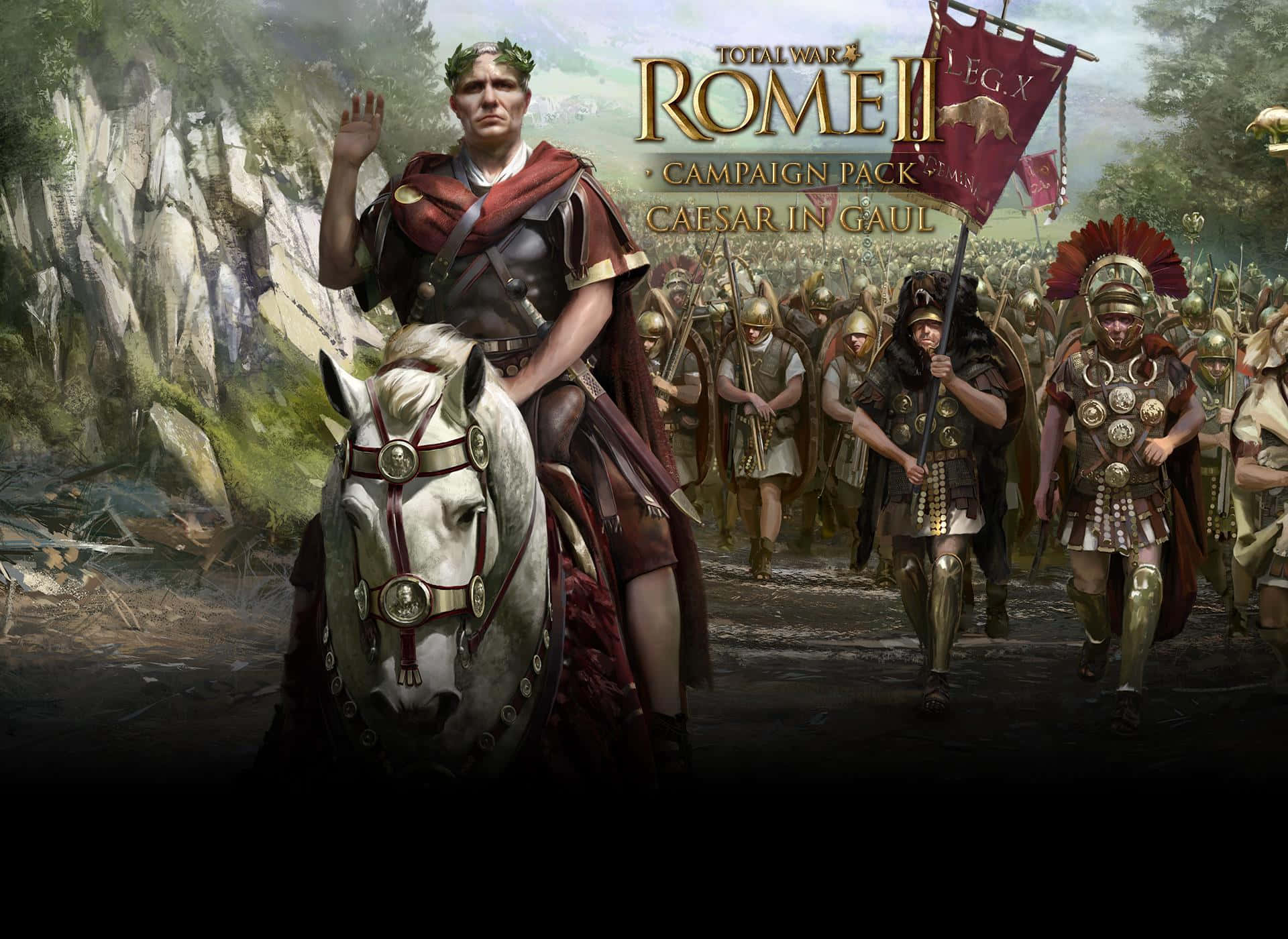 《Total War：羅馬2》壯觀戰場全景 壁紙 — 一位騎著白馬的羅馬將軍，帶領他的軍團穿過森林覆蓋的山口，旗幟飄揚，士兵全副武裝。