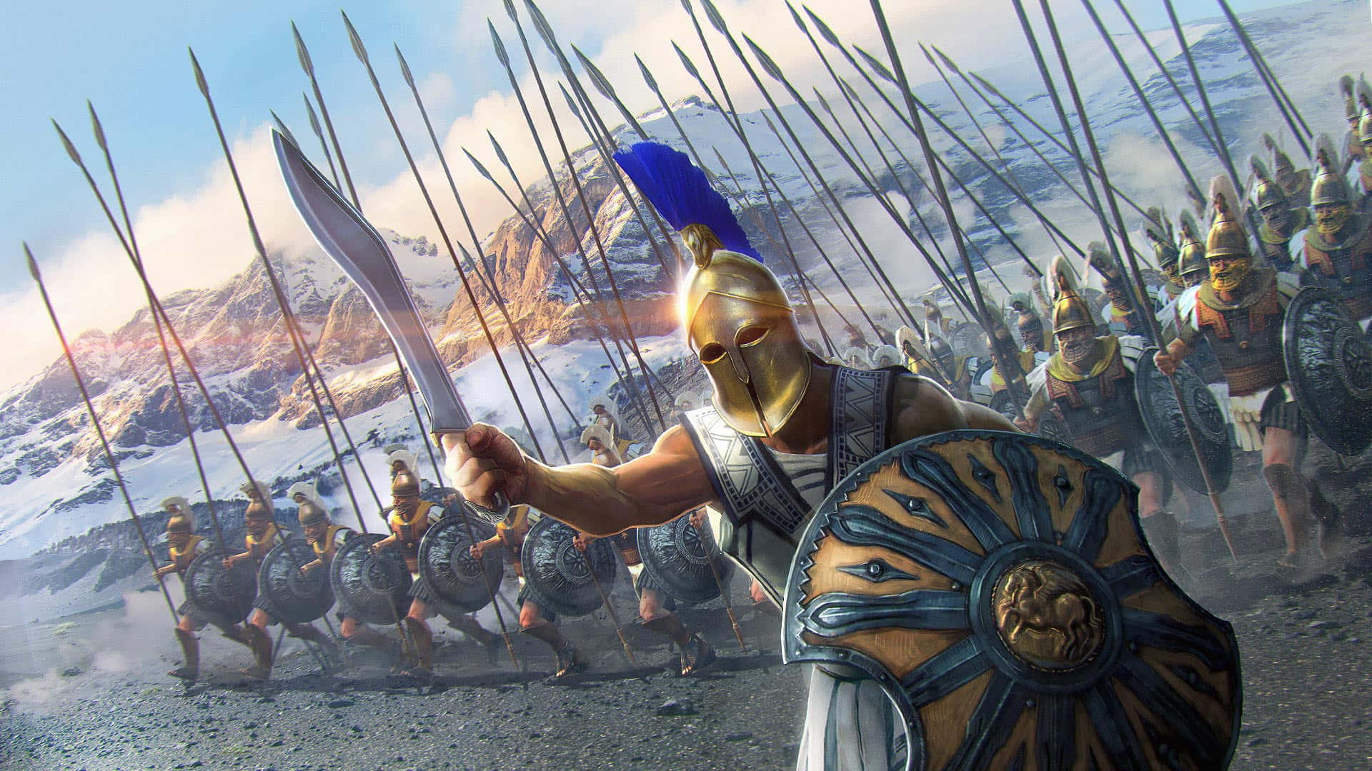 《Total War：羅馬2》戰場動態展現 壁紙 — 一名斯巴達戰士在積雪的山谷中率領軍隊，高舉長矛，手持盾牌。