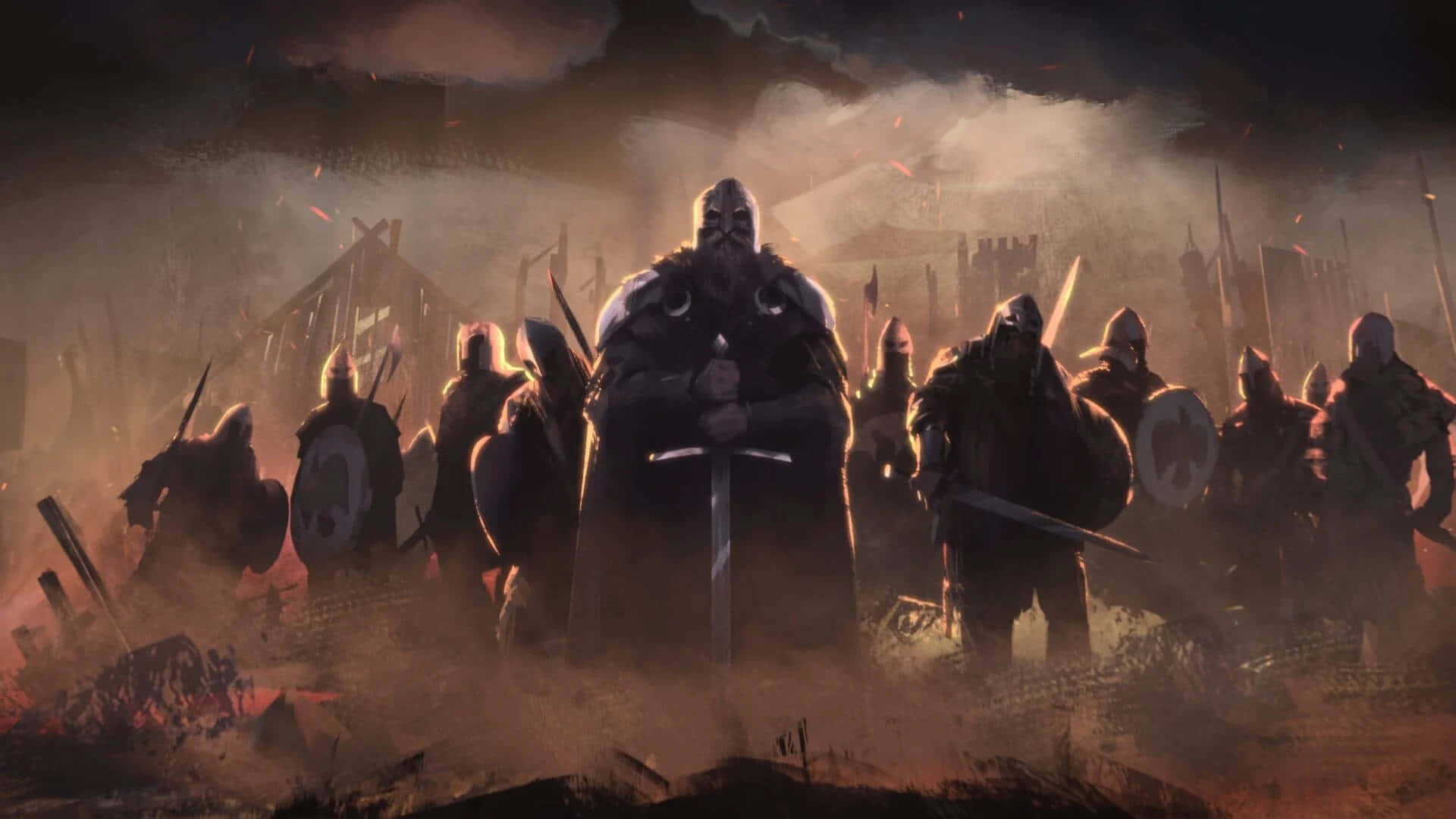 《Total War：羅馬2》最佳背景——陰影版 壁紙 — 維京戰士首領拔劍挑釁地站立，他的戰士們在風暴天空下穿過煙霧和火焰前進。