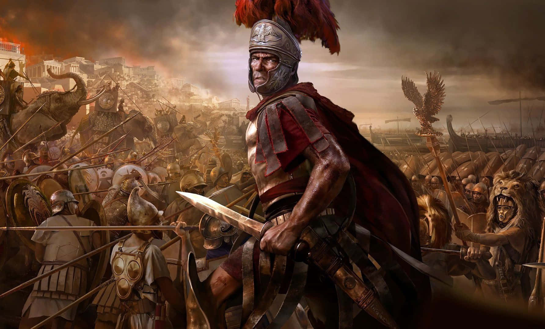 《Total War：羅馬2》最佳背景——帝王駕馬 壁紙 — 一位身穿華麗盔甲的羅馬將軍，在煙霧瀰漫的天空下，與大象和士兵一起在混亂的戰場上堅定地站立。